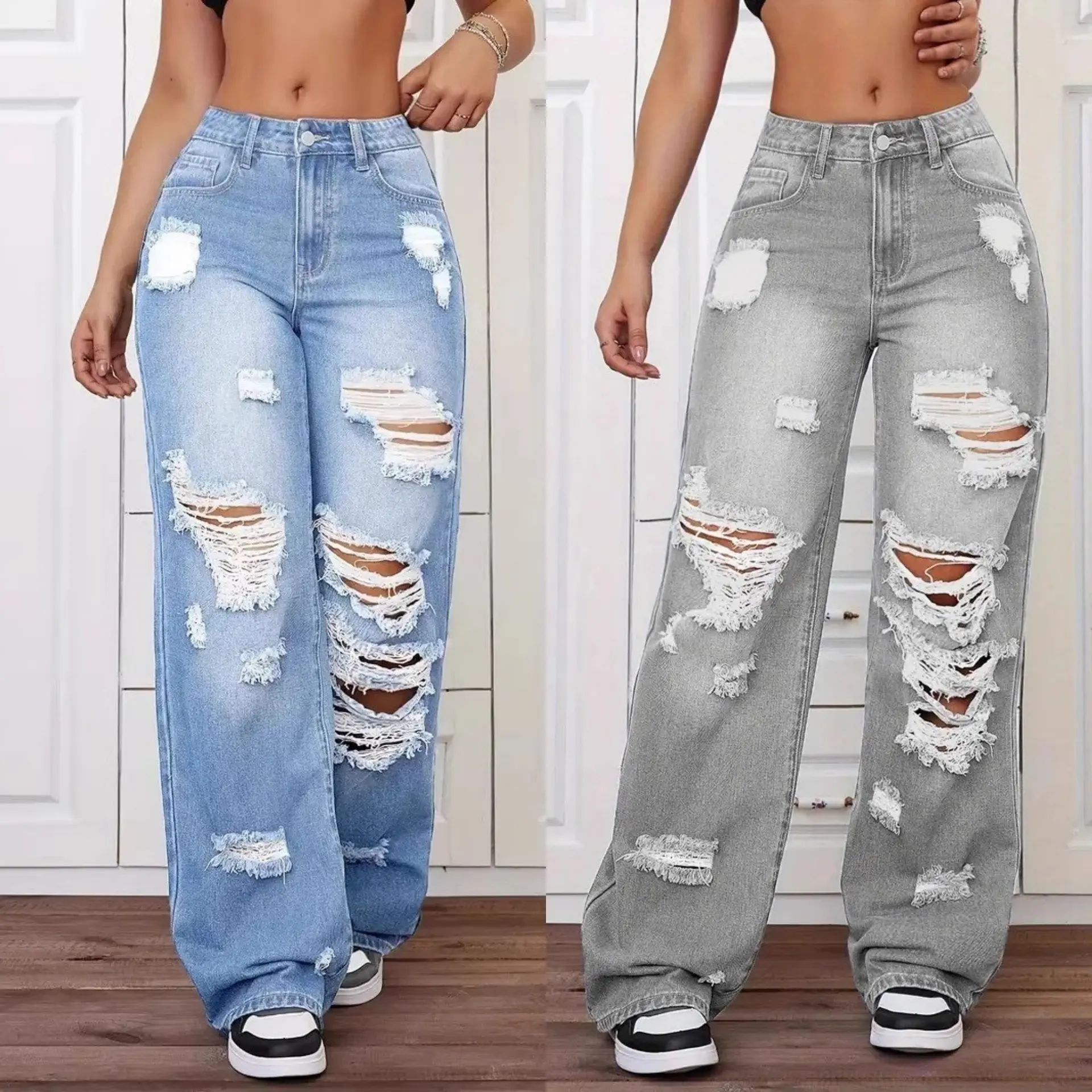Women's High-Waisted Full-Length Denim Fabric Straight-Leg Ripped Detail Jeans - Casual Wear, Versatile Relaxed Fit, Suitable for Daily & Outdoor Occasions