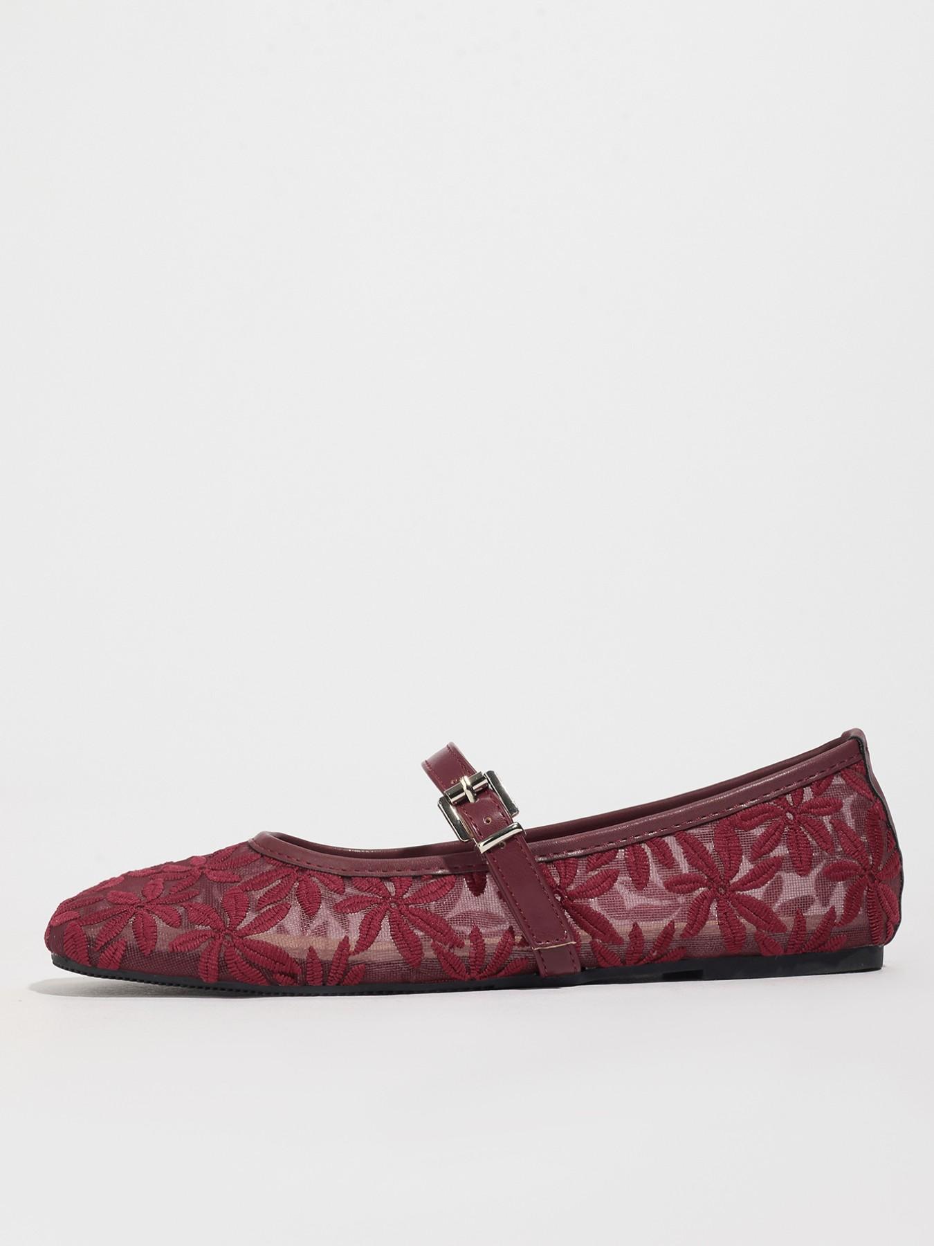 Vintage Wine Lace Mary Jane Shoes, Square Toe, Retro Style, Textile Upper, Rubber Sole, Embroidery Design, Less Than Ankle Height