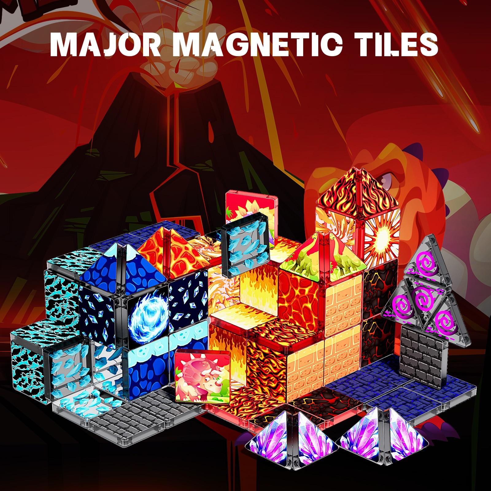 【New Sticker Set】60PCS,1.48inch Creative Sticker Magnetic Tiles,Jurassic Dinosaur Series，Magnet Building Blocks Cubes Construction Stacking Educational Assembly Toy Preschool STEM Play Creative Playboard for Toddler Kids Ages 3+,Kids Toys best gift