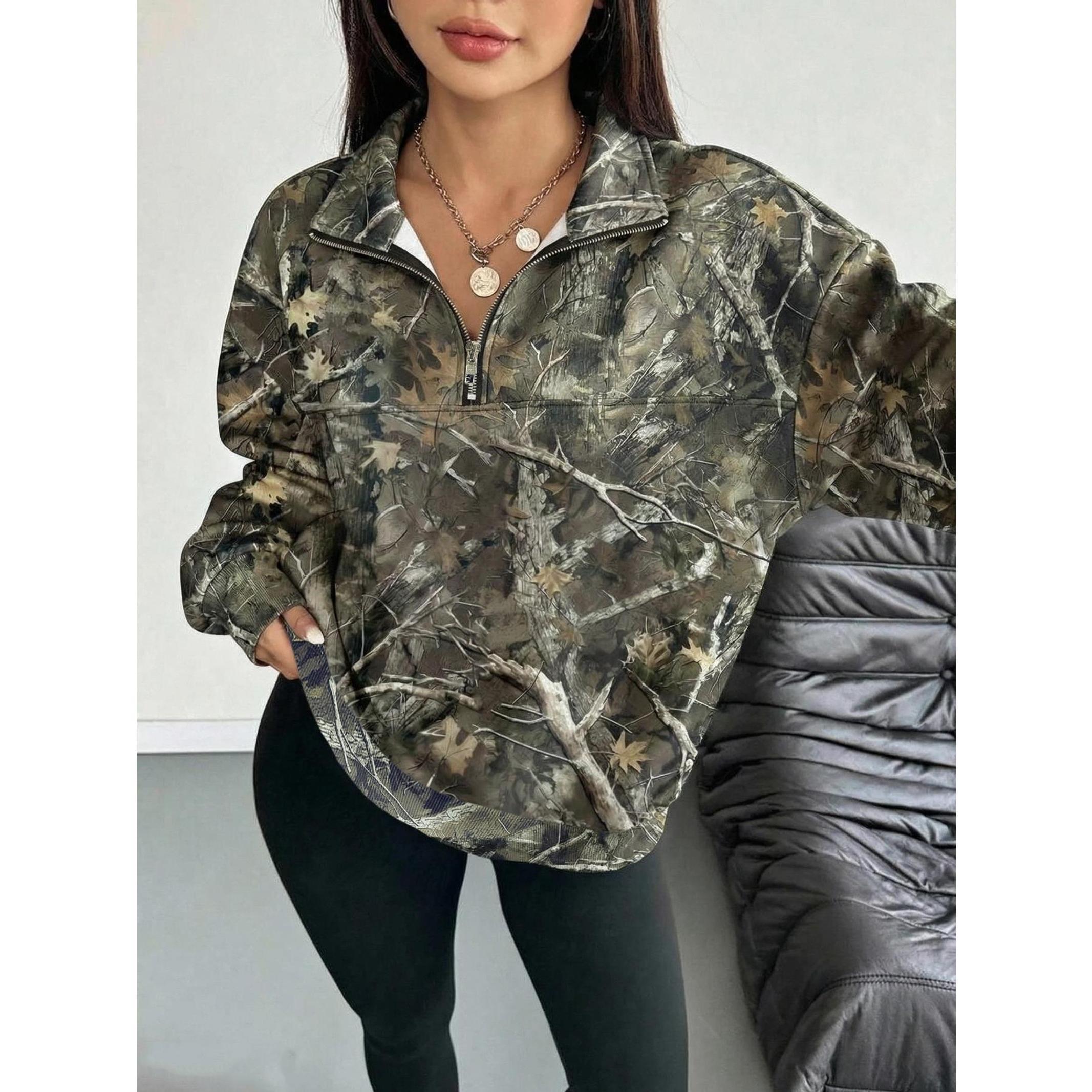 Women's Hooded Half-Zip Casual Graphic Casual Hoodie Collared Round Neck Long Sleeve Sport Top, Full Print Leaf Pattern, Digital Printing, Loose Fit, Fall & Winter, Pullover Sweatshirts, Hoodie Sweatshirts