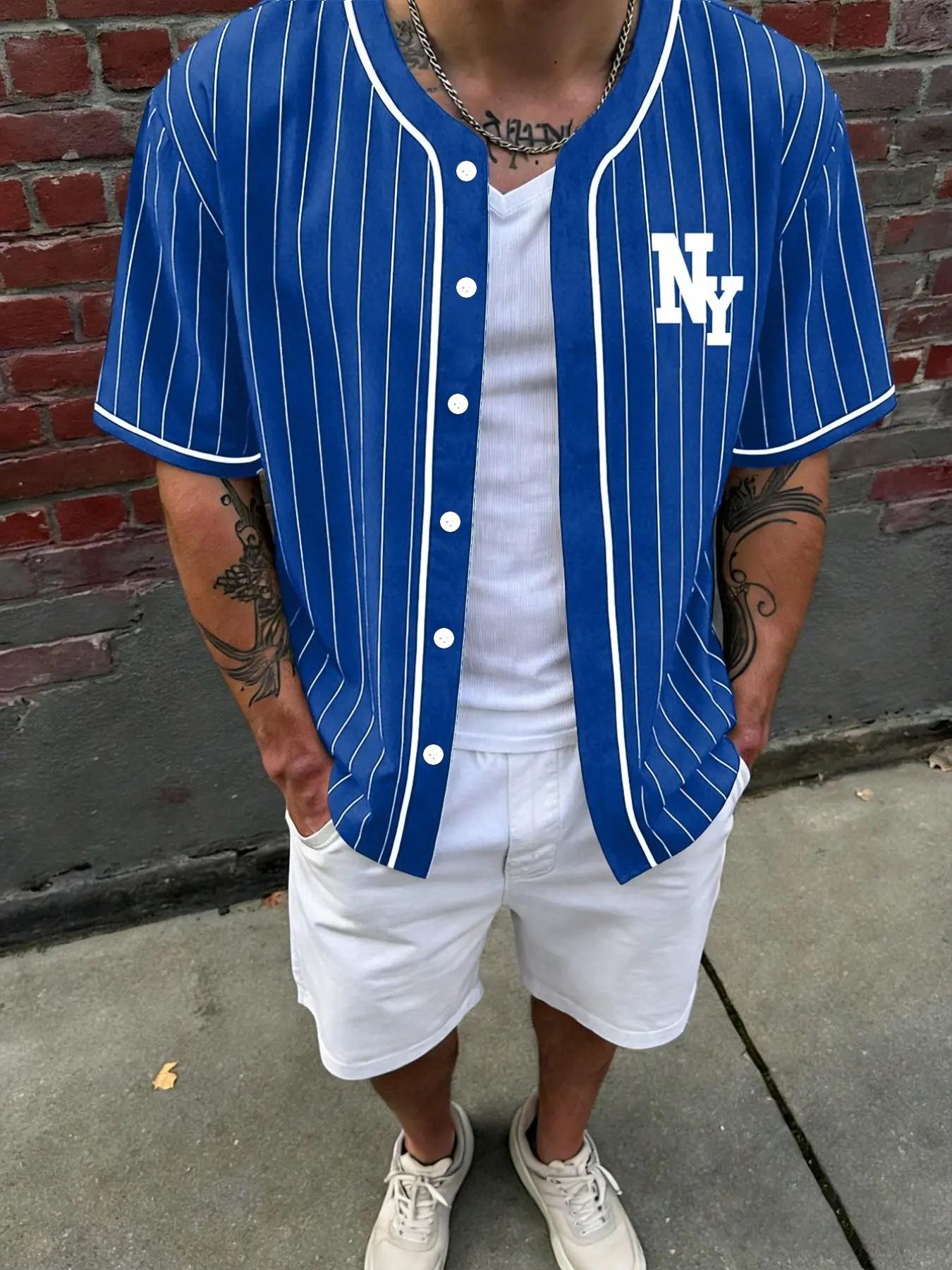 Aesthetic Style Men's New York Sporty All-Over Print Button-Up Baseball Shirt, Casual Striped Knit Fabric, Ideal for Outdoor Activities, Casual Sporty Top