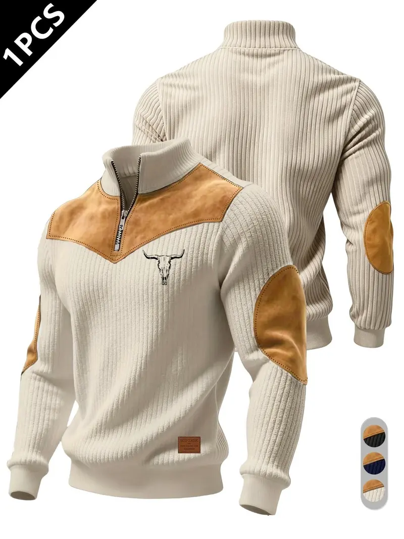 Men's Half-Zip Stand Collar Knit Top, Suede Texture Shoulder Patches, Bull Head Print, Slim Fit, Retro American Style, Casual Wear, Knitwear
