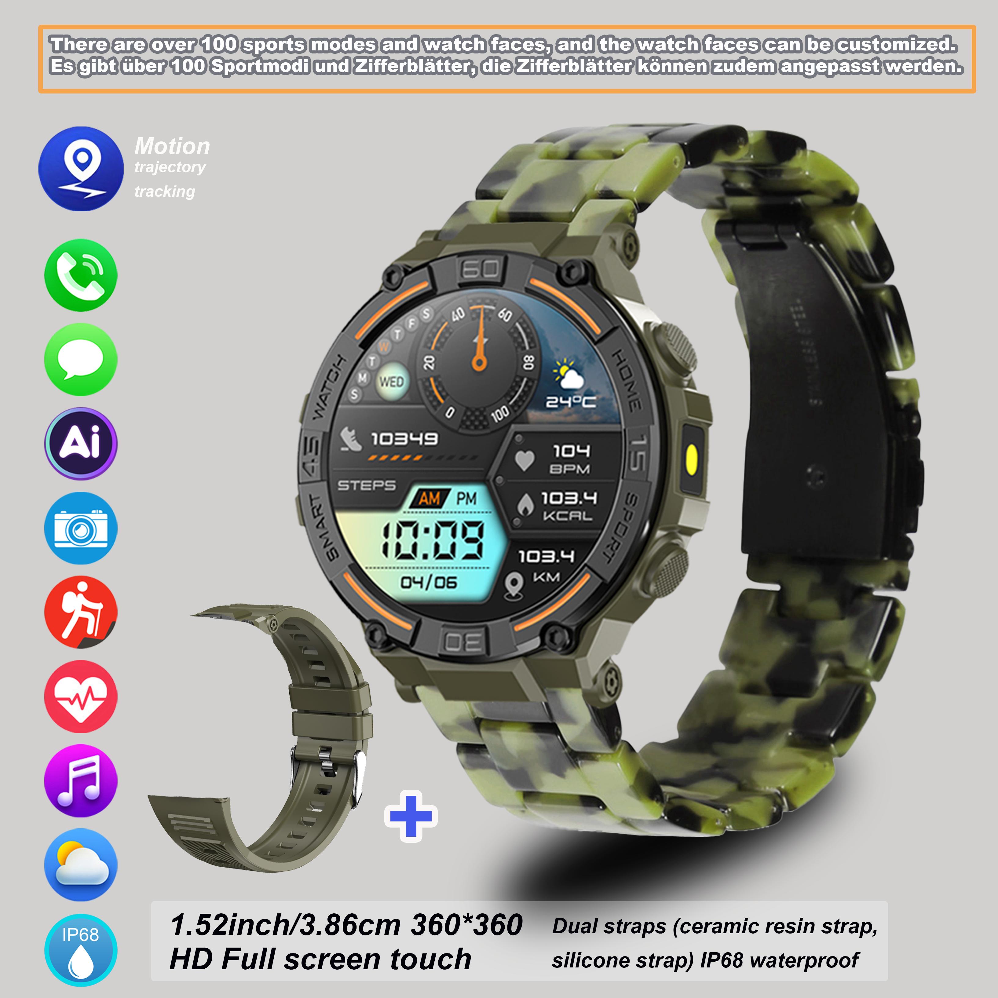 Outdoor smart watch, 1.53-inch touch screen wireless calling, with over 100 sports modes and watch faces, AI voice assistant, compatible with Android and iPhone, flashlight function, fitness watch wearable device, ceramic resin strap waterproof watch.