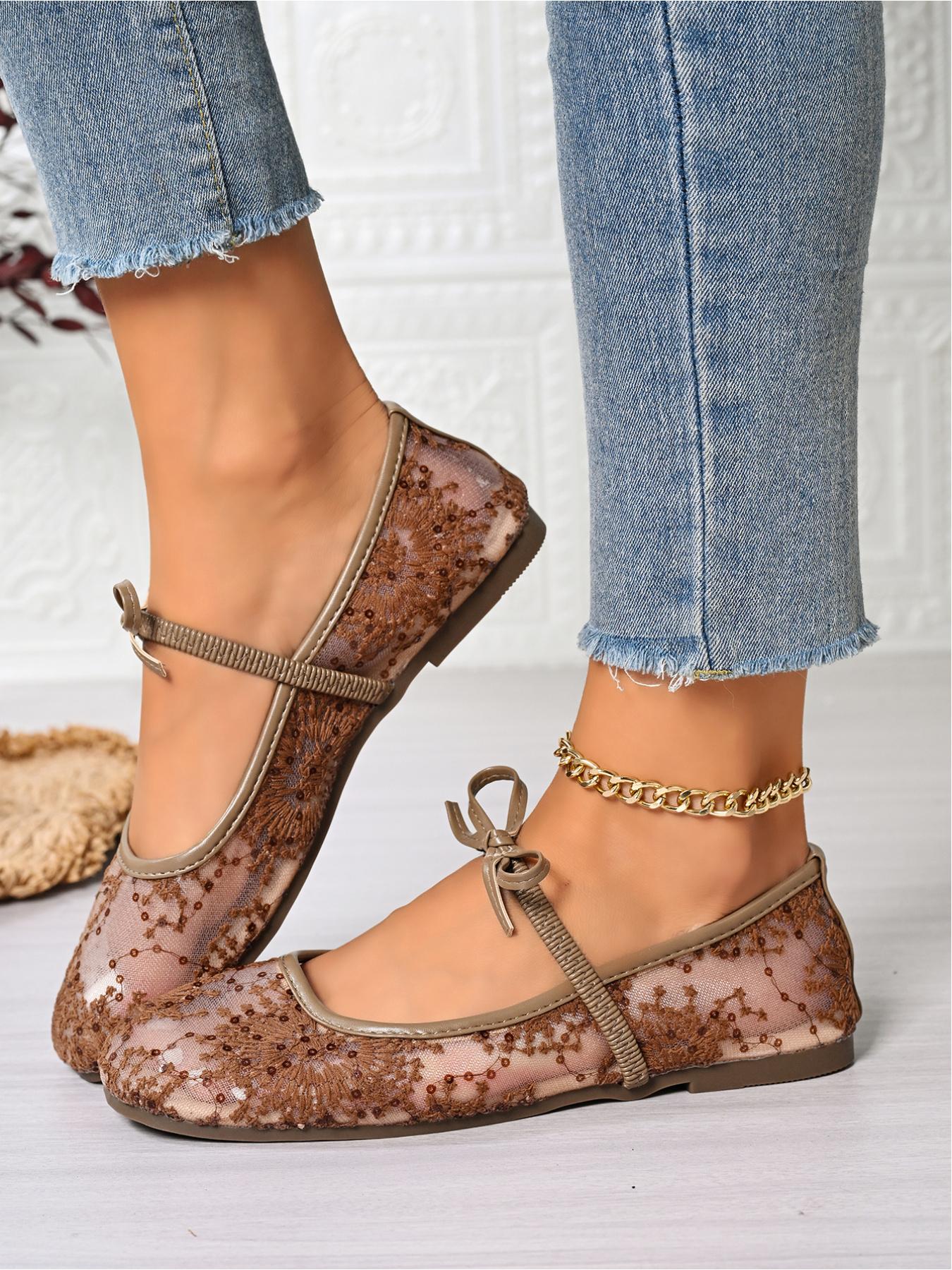Women's Lace Mesh Mary Jane Flats, Bowknot Ballerina Shoes for Summer, Classic Ballet Flats, Casual Flat Footwear