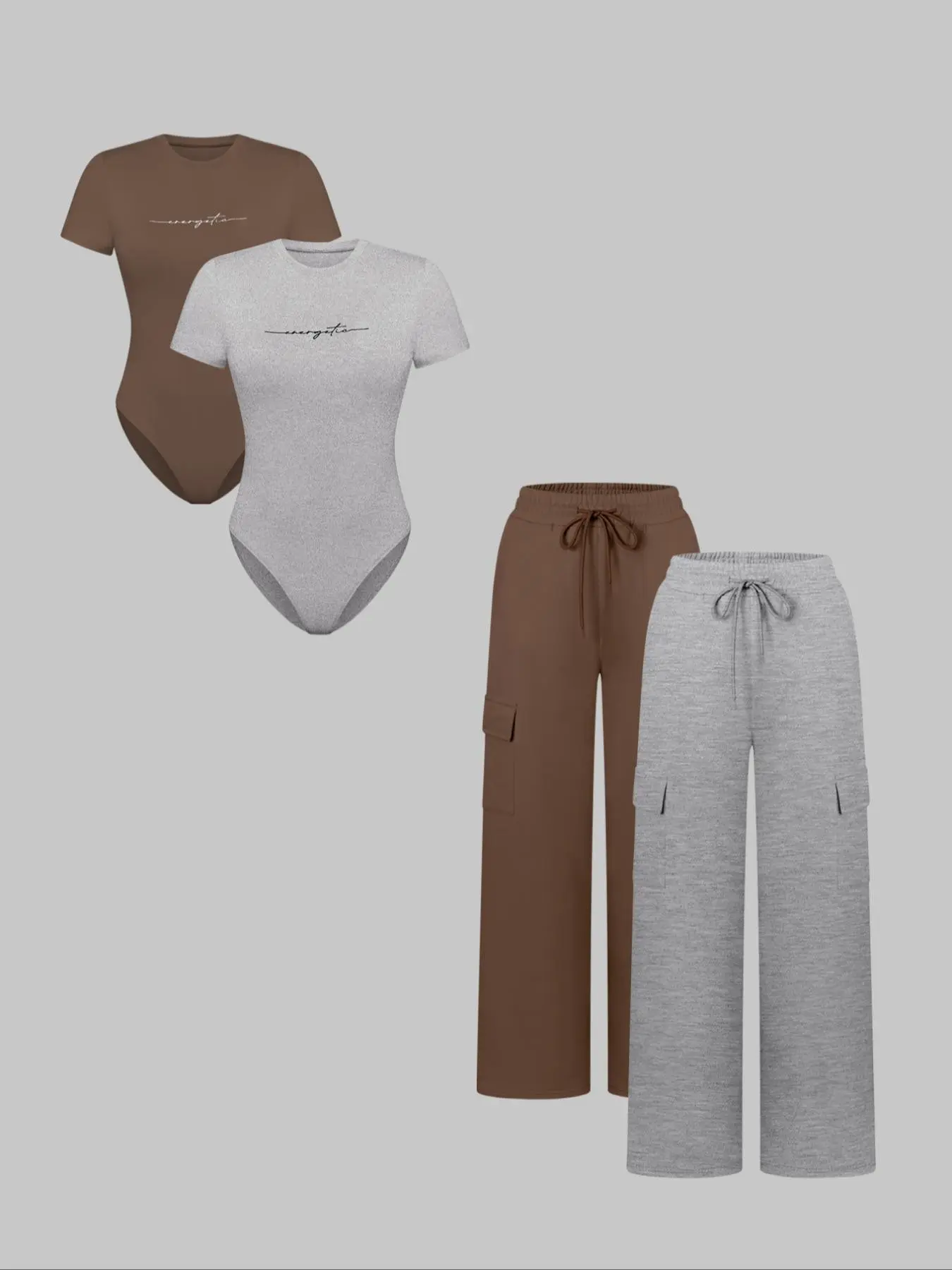 Fall Winter 4 Piece Matching Loungewear Letter Print Bodysuit Cargo Wide Leg Pants Trendy Athleisure Silhouette High Stretch Slim Outfit For Women Daily Everyday Casual Looks