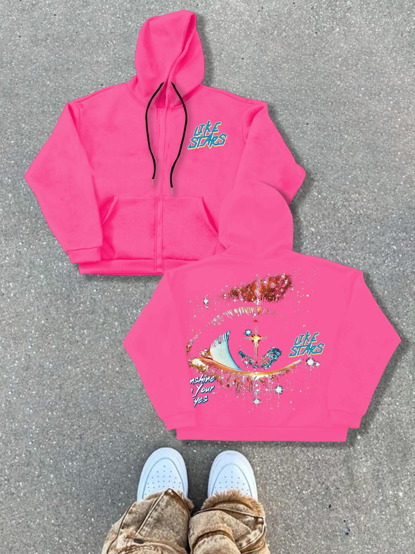 Autumn Winter Hooded Cardigan Sweatshirts Trendy Graphic Eye Letter Print Streetwear Street Style Fitted Knitwear, Thick Fabric, Perfect for Fall & Winter Seasons