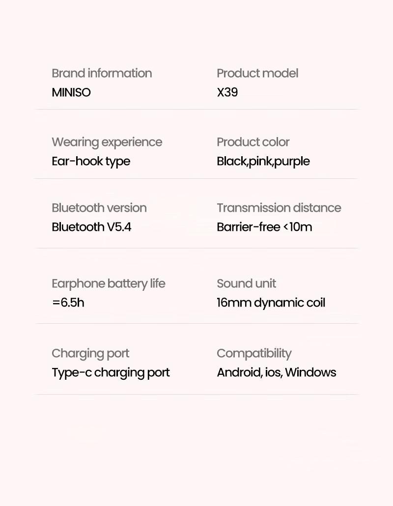 MINISO X39 Open Ear Bluetooth 5.4 Headphones, True Wireless Over Ear Headsets, 40Hrs Long Battery Playtime for Music Work Earphones, Not In Ear Earbuds for iPhone Android Pink Purple Black