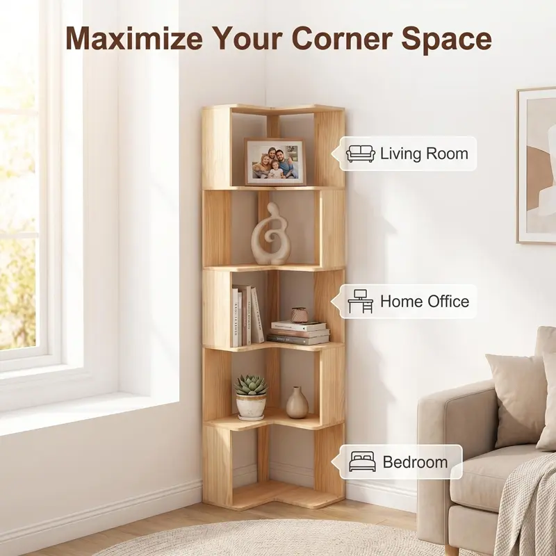 Full Solid Wood Corner Bookshelf , No pain, Space Saving, Design for Home Organization and Storage Solutions