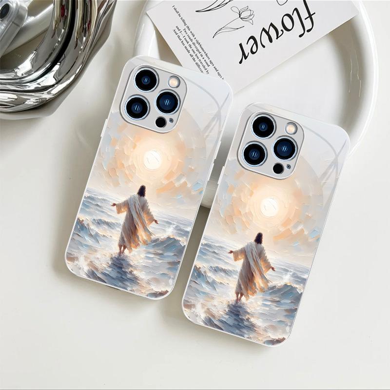 Jesus oil painting phone case, Christian faith art glass cover with lanyard — Mother’s Day gift for iPhone 17/16/15/14/13 Pro Max and Samsung S26/S25 Ultra — 975 — 975