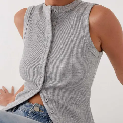 Women's Plain Button Front Ribbed Stretchy Tank Top, Casual Sleeveless Round Neck Top for Daily Wear, Ladies Clothes for All Seasons