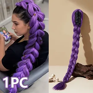 Purple Twisted Braid Ponytail Wig, Featuring a Clip-on Design, Can Be Quickly Attached to Your Own Hair to Create a Unique Braided Hairstyle, Synthetic braided wigs, Synthetic Ponytails