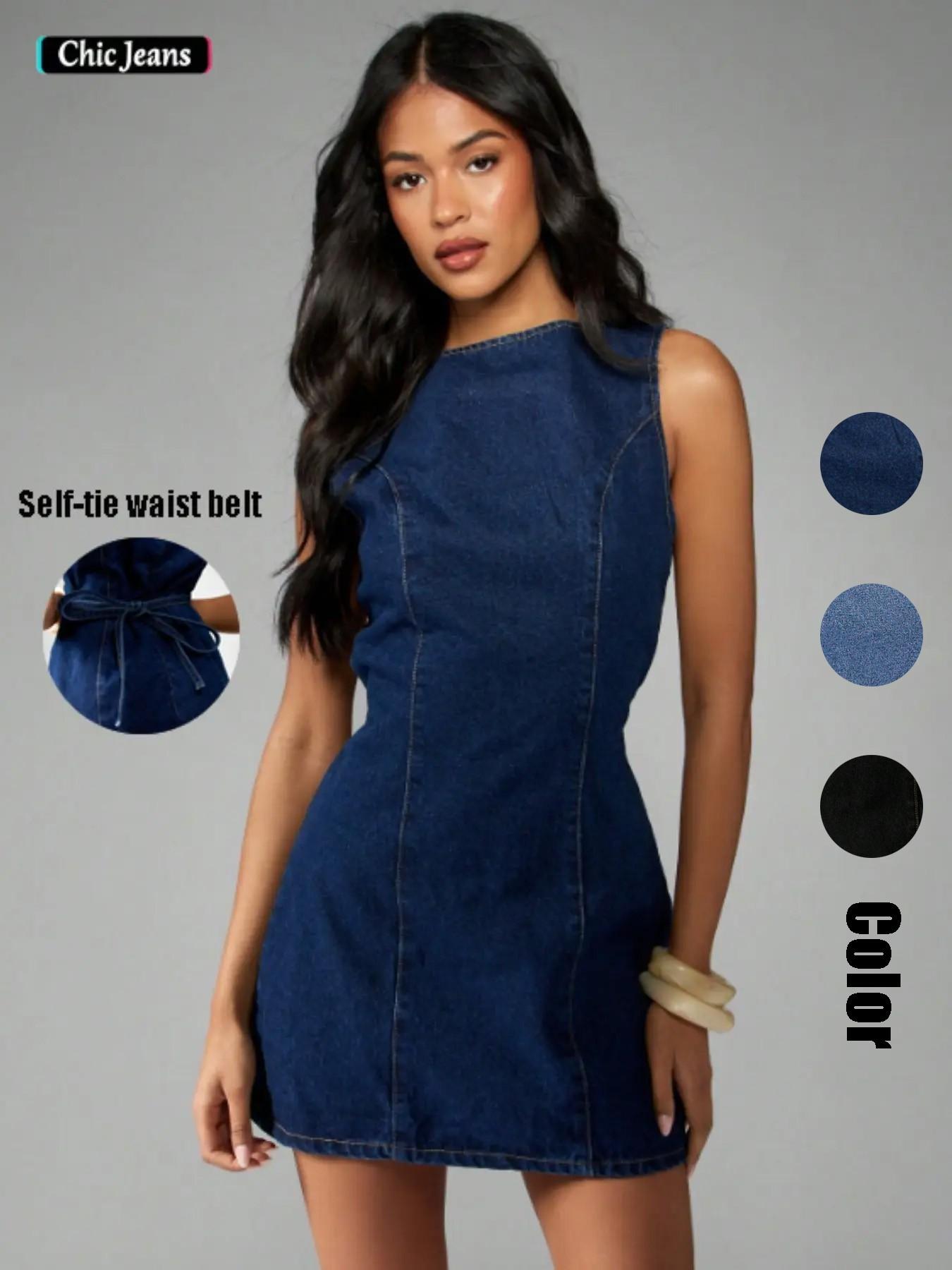 Women's American Retro Vintage Sleeveless Short Dark Wash Denim Summer Dress, A-Line Dress, Flattering Fit, Perfect for Daily Commute, Dates, Parties and Vacations