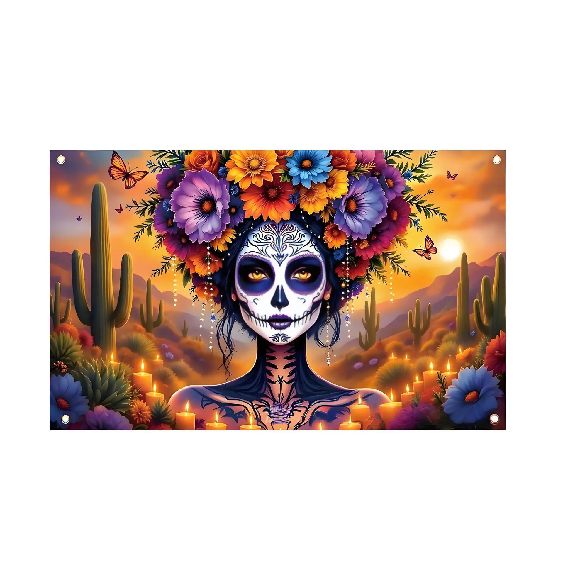 La Catrina Sugar Skull Floral Cactus Tapestry Print - Lightweight Metal-Mounted Mexican Día de los Muertos Sunset Desert Wall Hanging Banner, Halloween Decorative Indoor-Outdoor Wall Cloth