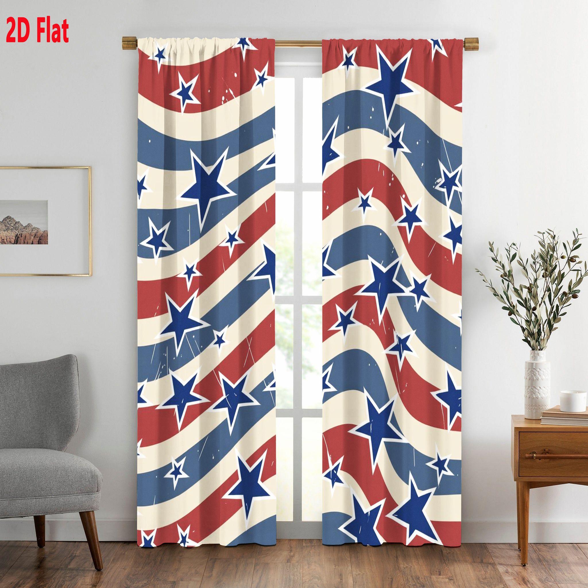 2D Flat 2-Piece Patriotic American Flag Window Curtain Set, Wavy Red White Blue Stripes with Blue Stars (Some White Outlines), Distressed Retro Pattern, Classic Stars & Stripes Design for Living Room Bedroom Decor
