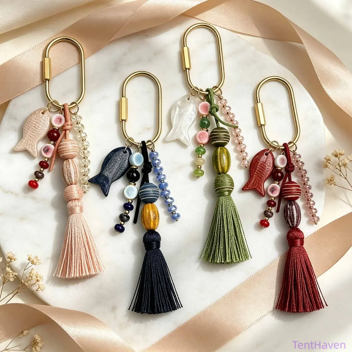 Vintage Fish Shape Keychain Accessory - Retro Ceramic Charm with Wooden Beads, Unisex Collectible Bag Keychain for Camping & Hiking Backpacks, Keyrings for Keys