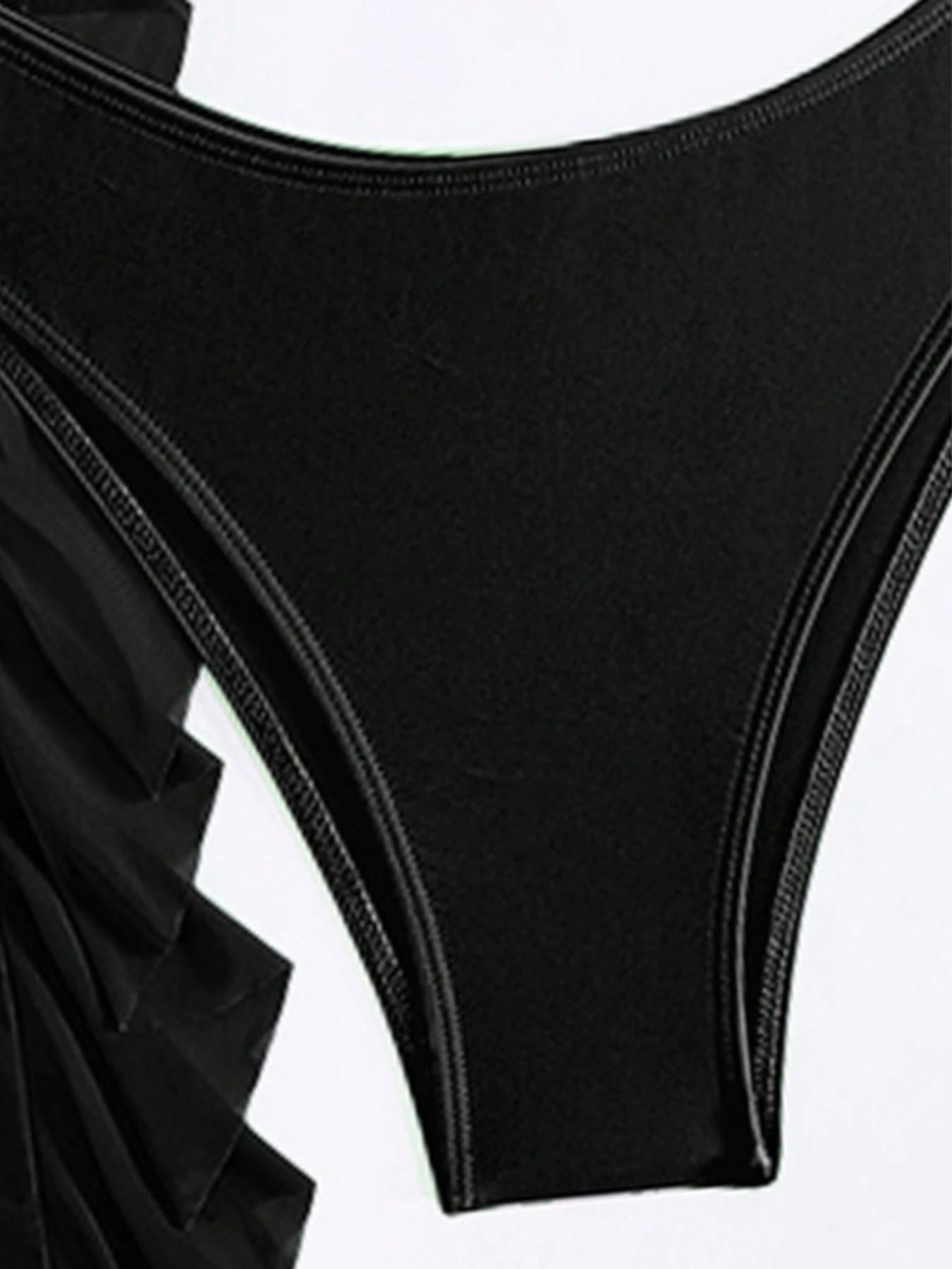 Women's 3pcs Criss Cross Cut Out Halter Tie Back Bikini Top & Thong & Sheer Ruffle Trim Pants Swimsuit Set, Sleeveless Swimwear Set for Summer, Ladies Swimsuit for Beach Holiday Vacation, Halter Bikini Sets