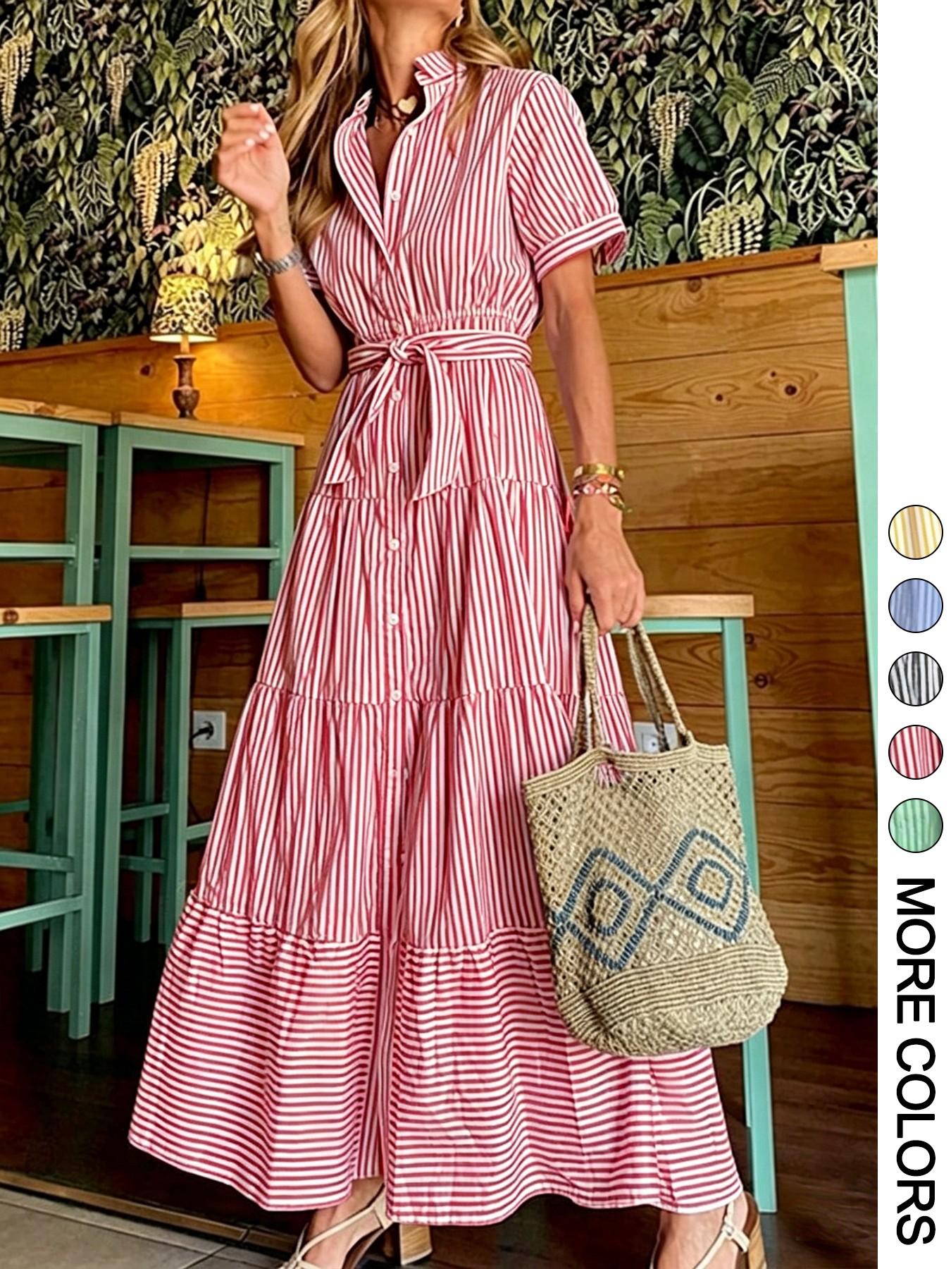 Women's Striped Print Adjustable Belted Button Dress, Elegant Casual Long Dress for Summer, Women's Clothing for Daily Wear, Fit, Womenswear