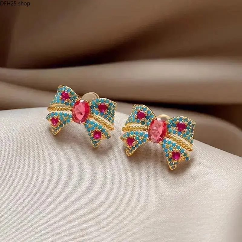 Minimalist Bow Stud Earrings for Women, Stainless Steel Jewelry with Colorful Blue Zirconia Accents for Daily Wear, Parties and Casual Outfits