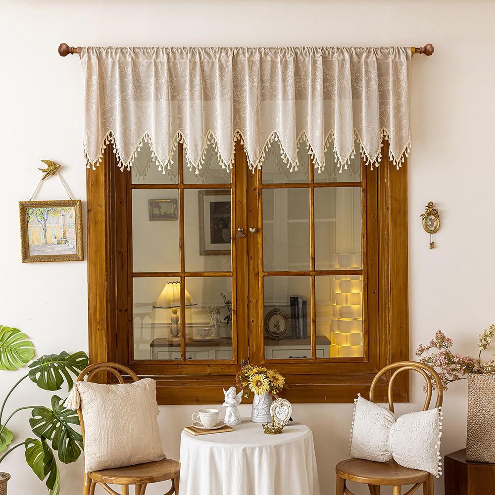 1pc American Country Leaf Embroidered Triangle Fringe Half Curtain, Vintage Coffee Shop Curtain, Kitchen Window Decor, Retro Style