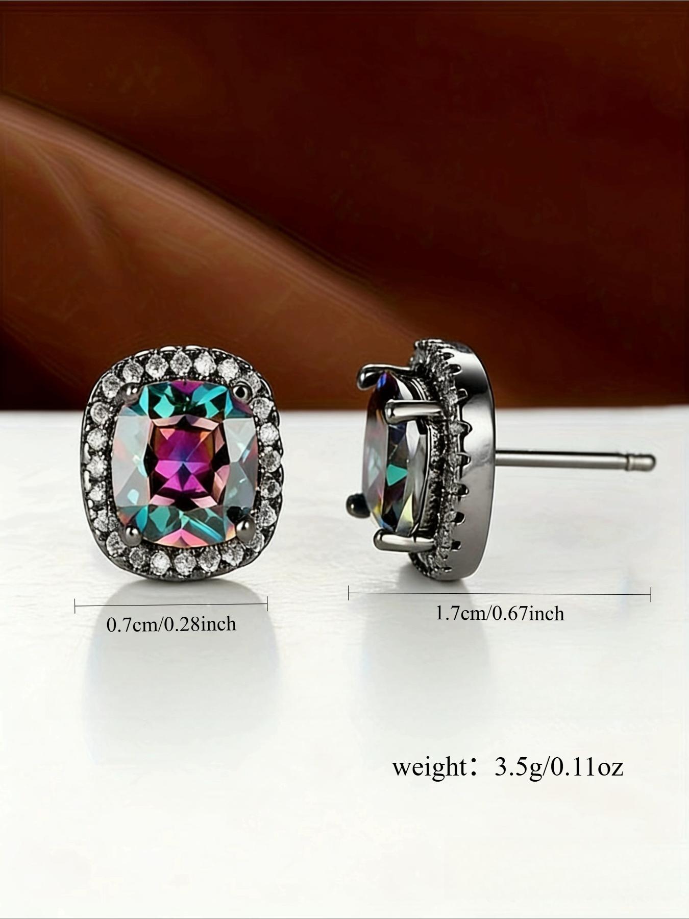 1 Pair Golden Plated Princess Cut Rainbow Stone Stud Earrings Wedding Band Multicolor Earrings Princess Jewelry