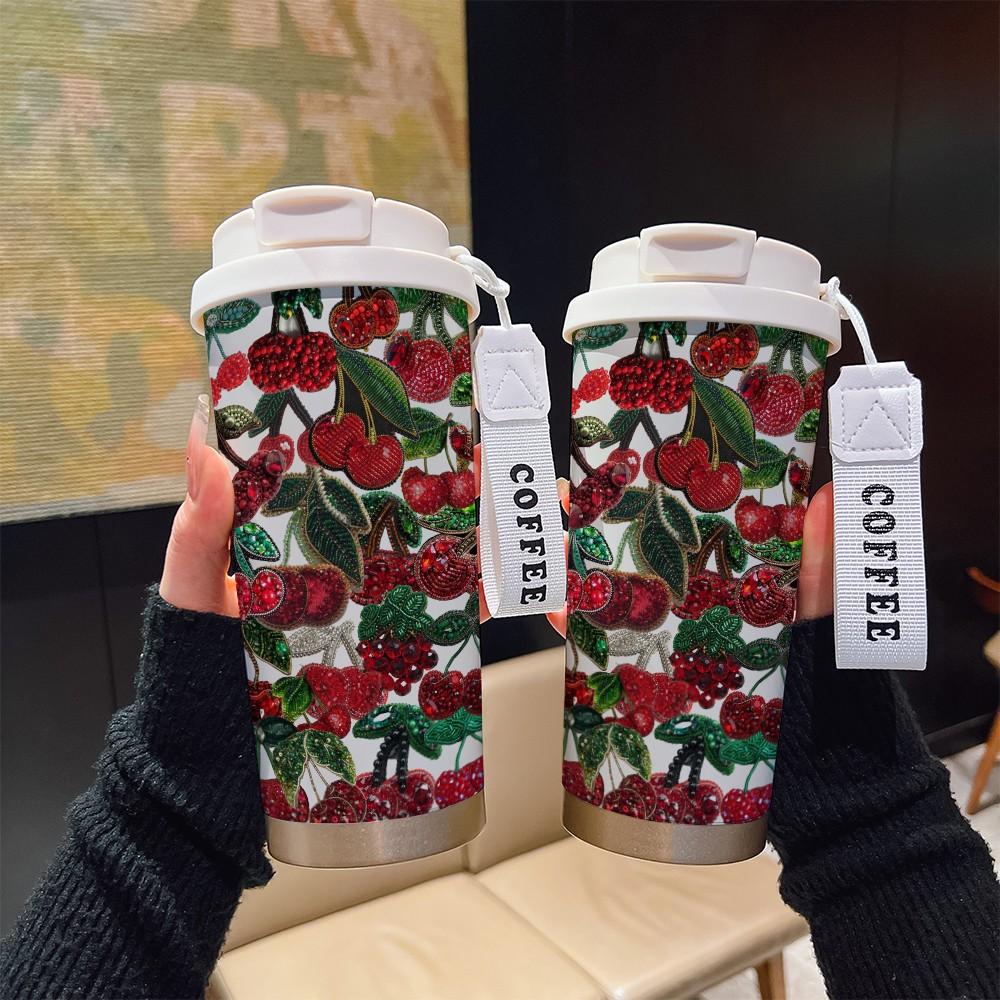 Abstract Oil Painting Cherry Texture Coffee Cup, Portable Insulated Tumbler, Keeps Hot/cold, Boho Style, Ideal for Office, Travel, Sports