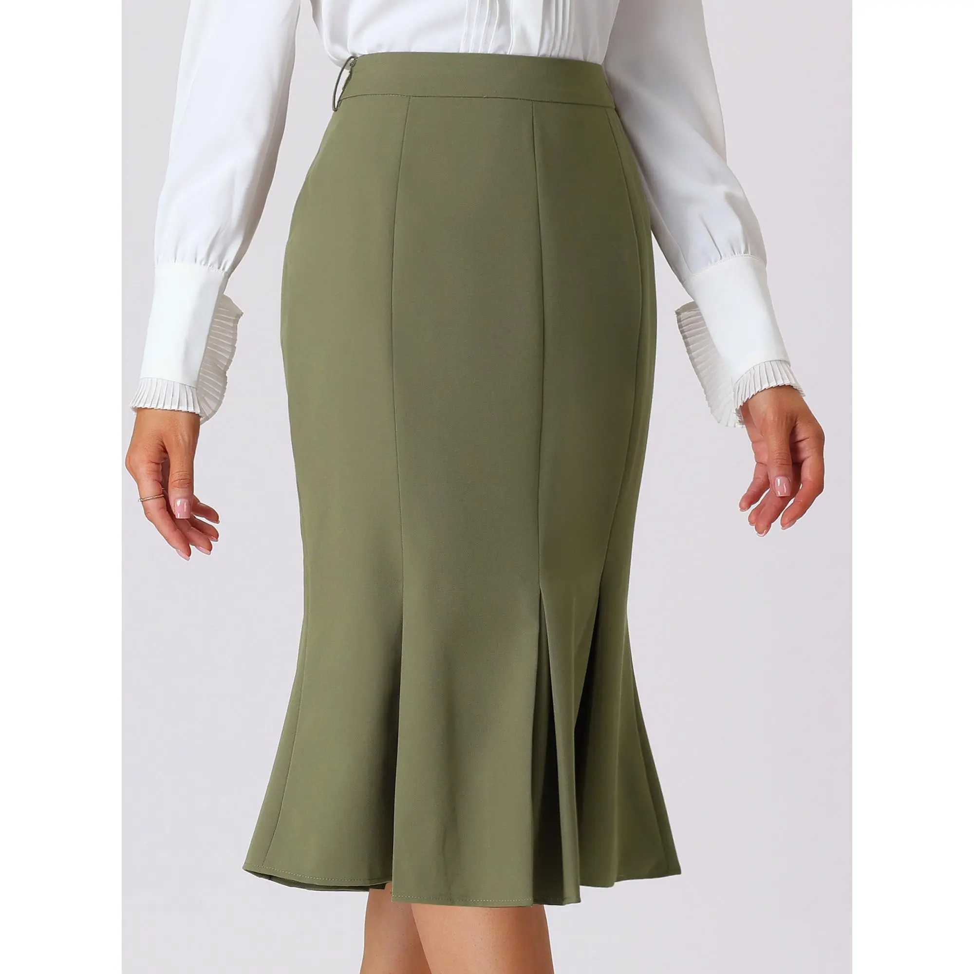 Olive Green Knee-Length Fishtail Pencil Skirt with a Belt, Designed for Women'S Formal Elegance