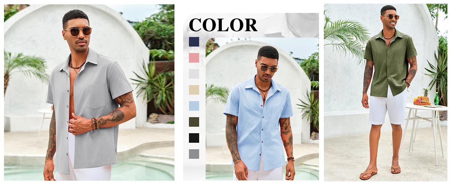 Runcati Men's Short Sleeve Button Up Shirts Linen Cotton Beach Tops Spread Collar Plain Summer T Shirt with Pocket
