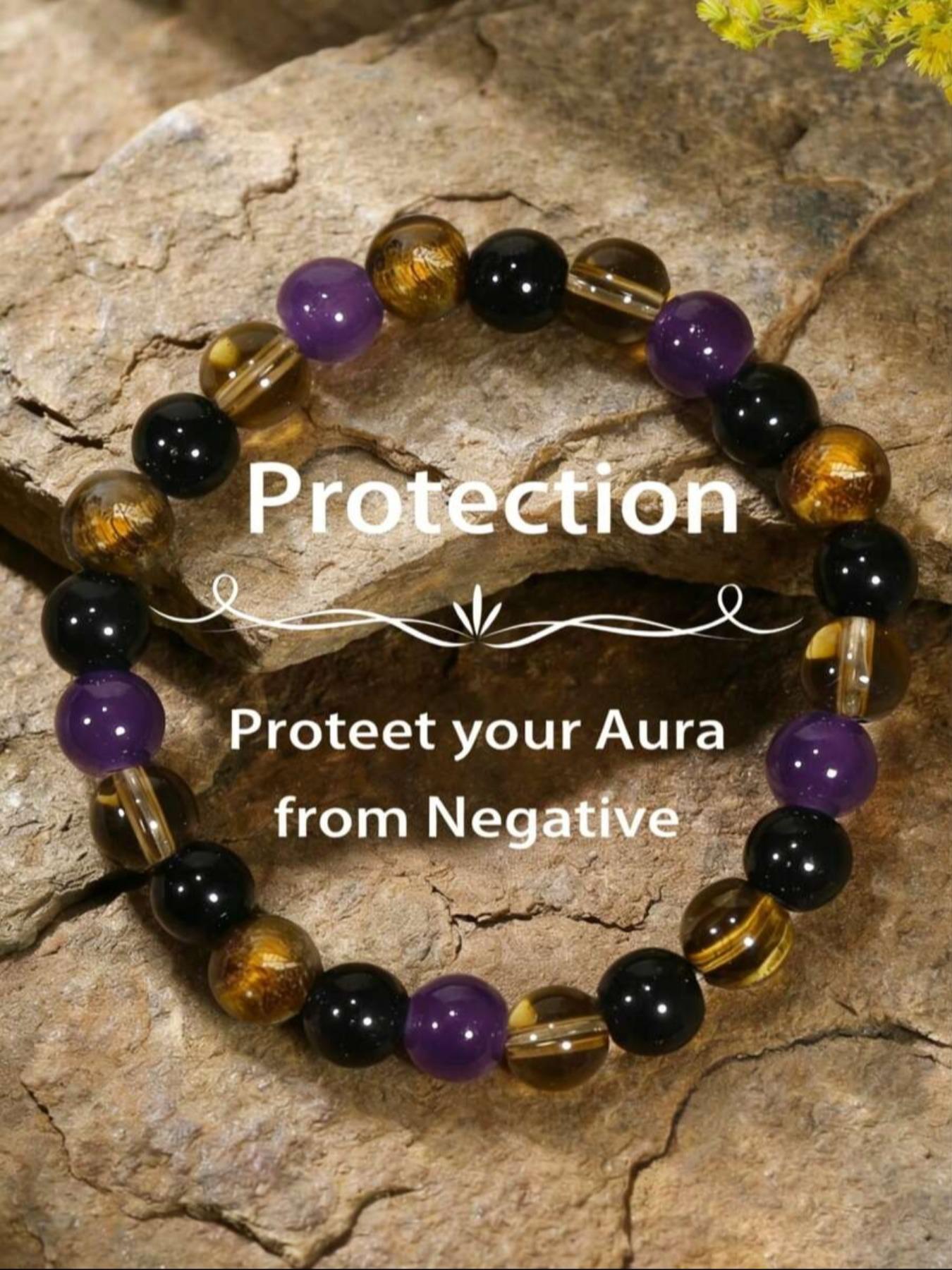 1pc Natural Tigereye & Amethyst Bead Stretch Bracelet, Energy Balancing Crystal Jewelry Gift For Men & Women