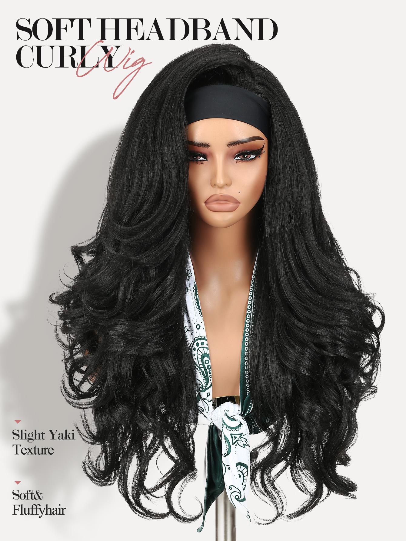 Yaki Body Wave Headband Wig for Women, Synthetic Fiber Wigs Curly Wavy 26 Inch Long Kinky Straight, Glueless Lightweight, Heat Resistant, Daily Use