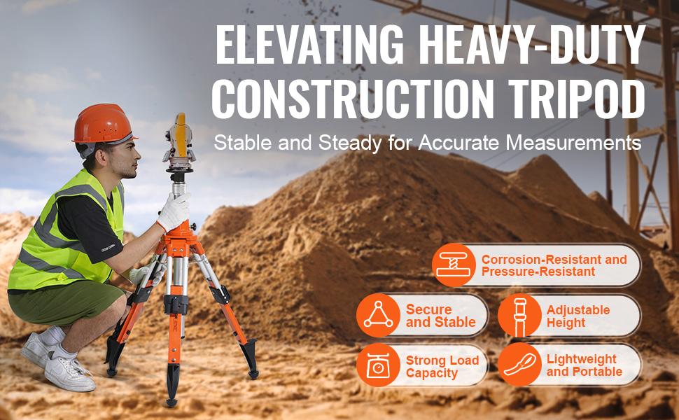 VEVOR Laser Level Tripod Stand, 5/8-11 Thread Mount, 27.16-67.71 inch Height Adjustment Heavy Duty Survey Tripod, with Level Bubble Diffusion Limiter, Liftable Non-Skid Feet for Construction