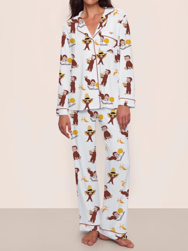 Cute Monkey Pajama Set for Women, Long Sleeve & Pants, Elastic Waist, Comfortable Christmas Gift, Fall Winter Home Wear