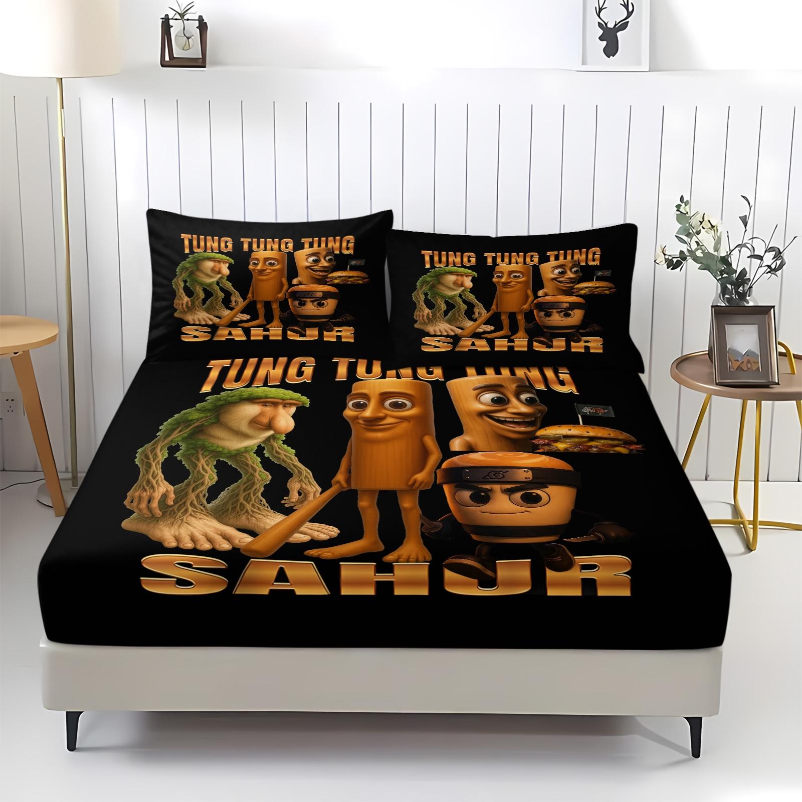 3-Piece Set Of Brain Rot Patterned Bed Sheets, Including 1 Bed Sheet And 2 Pillowcases, Comfortable Bedding, Non Slip Suitable For Bedrooms, Suitable For Gifts For Teenagers And Adults