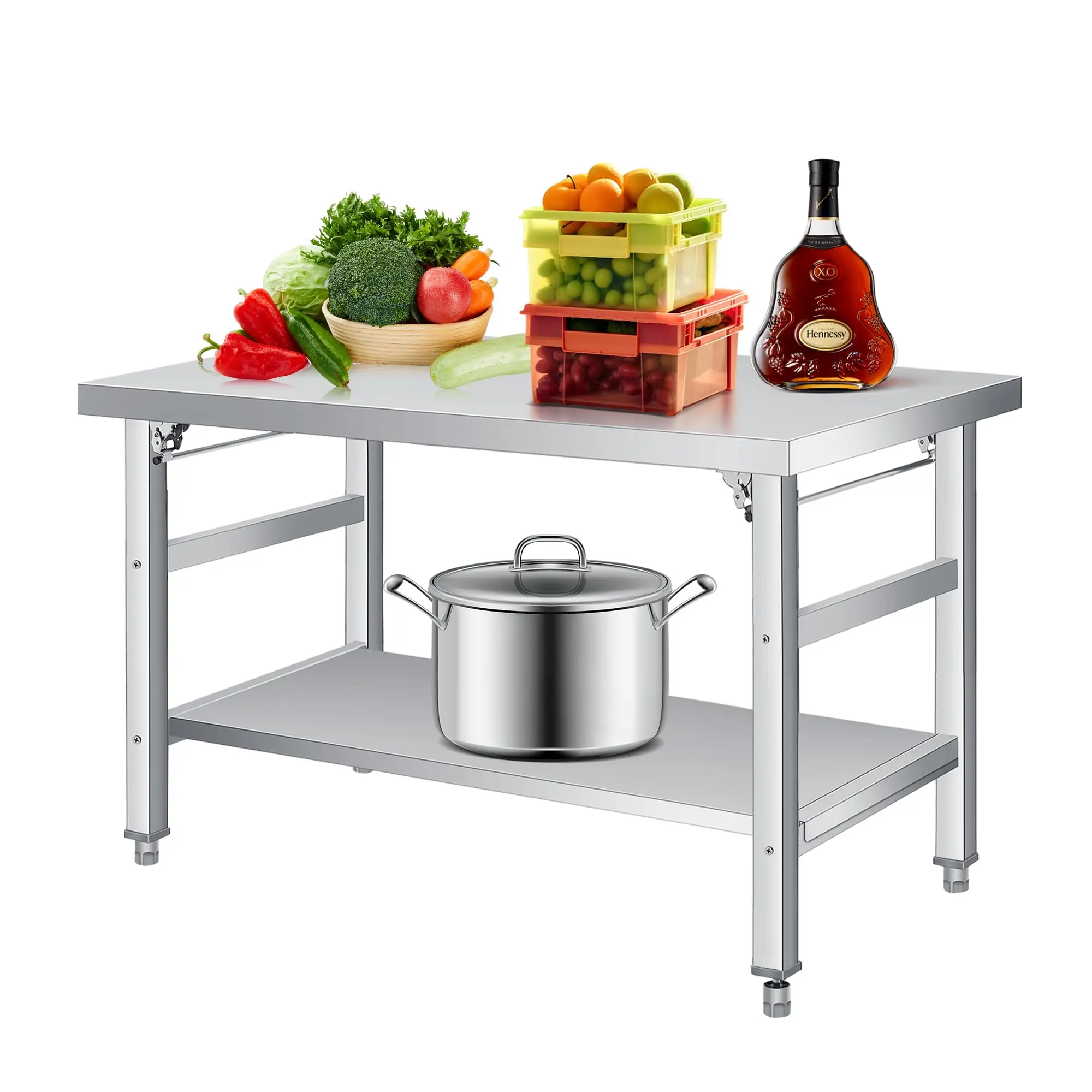 Stainless Steel Worktable 36x24 Inch, Folding Commercial Prep Table, 920 Lbs Load, Heavy-Duty Folding Table with Adjustable Undershelf & Feet, Double Tier Portable Workstation for Kitchen & Garage