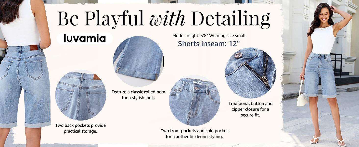 luvamia Bermuda Jean Shorts for Women Knee Length High Waisted Rolled Hem Casual Summer 12'' Inseam Long Denim Shorts luvamia Bermuda Jean Shorts for Women Knee Length High Waisted Rolled Hem Casual Summer 12'' Inseam Long Denim Shorts