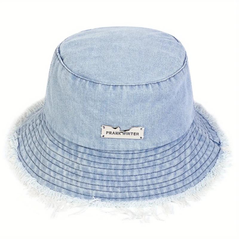 Unisex Letter Logo Vintage Edge Holes Denim Bucket Hat Outdoor Sunscreen Leisure Hat Spring Autumn Travel Tourism Beach Vacation