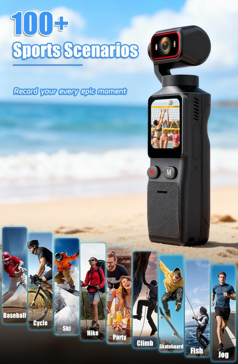 Handheld Stabilizer Pocket Camera, Portable 4K Ultra HD Camcorder, 180° Rotating Lens, 1.69 Inch Touchscreen, USB Rechargeable