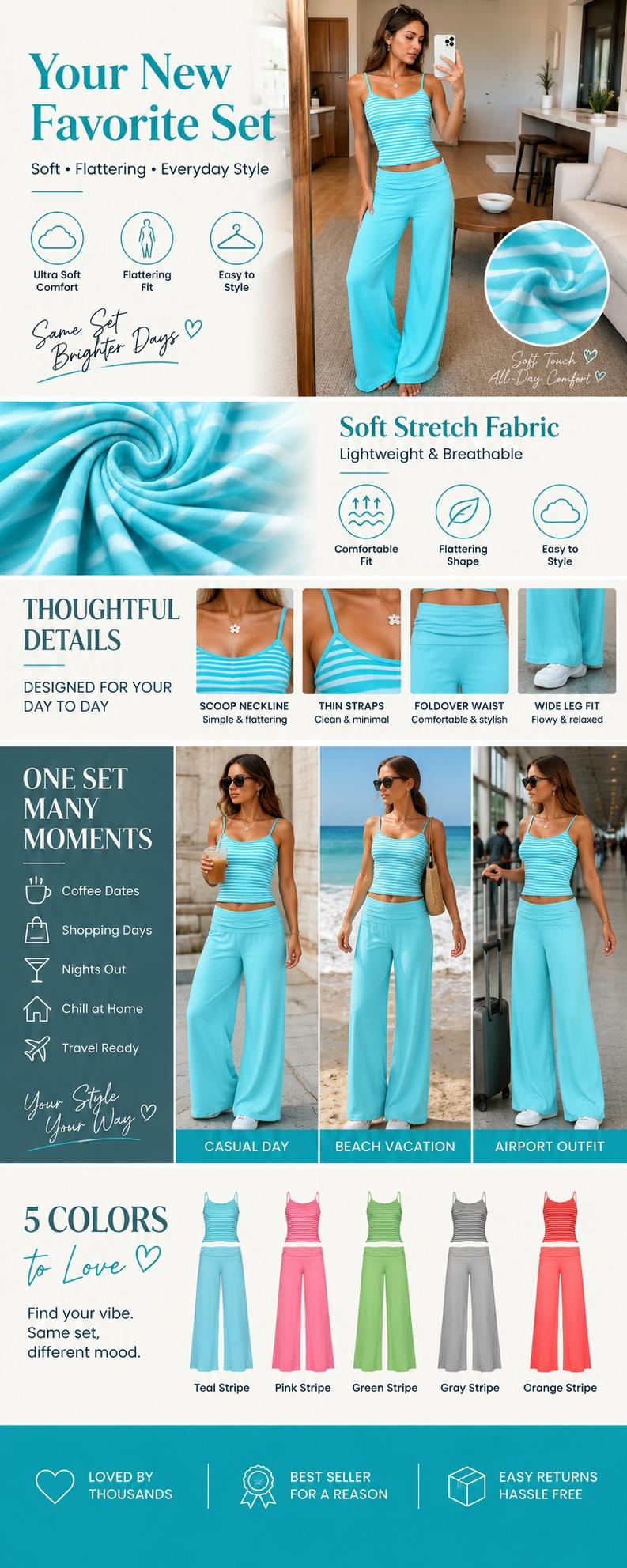 Women's Striped Cami Top and Wide Leg Pants Set, Casual Relaxed 2 Piece Outfit for Vacation, Travel and Everyday Wear