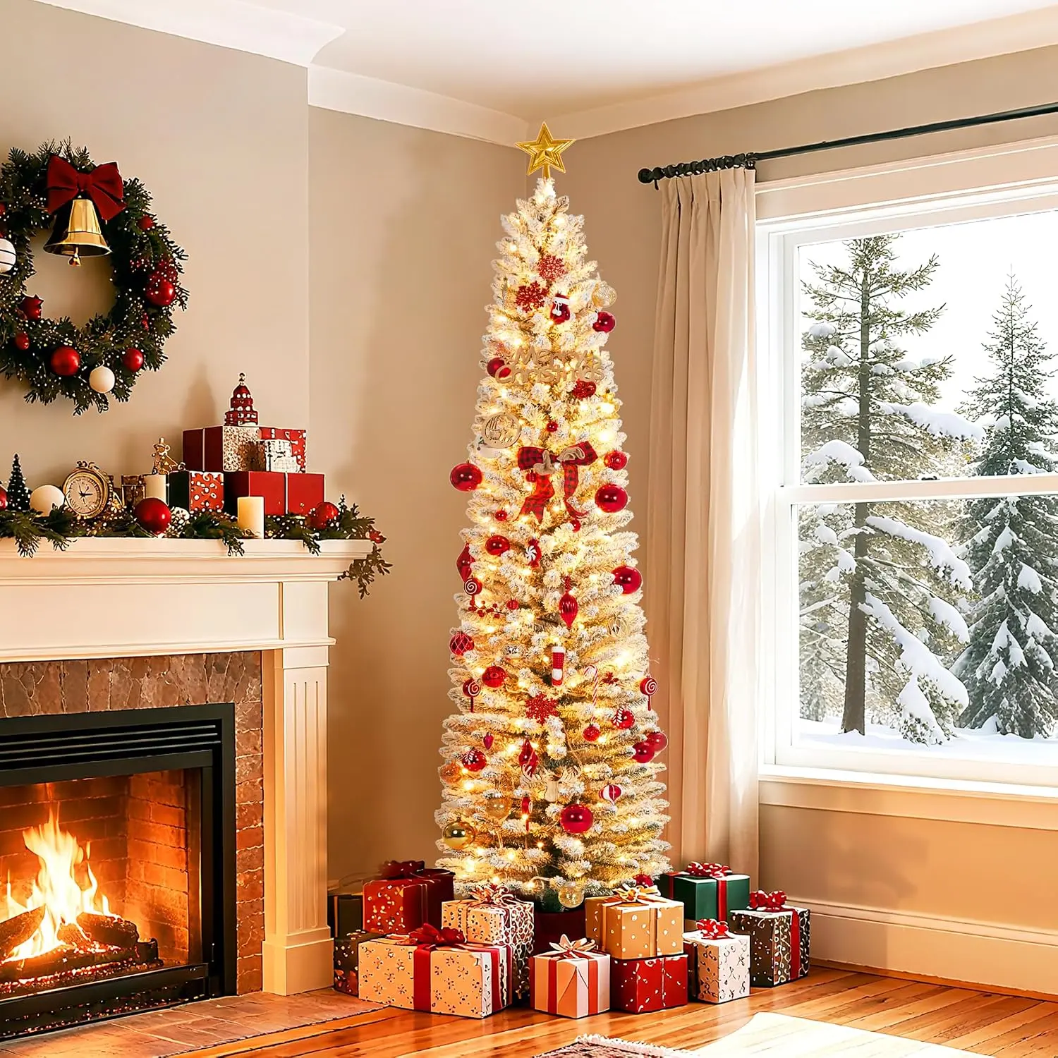 7.5 FT Flocked Pencil Christmas Tree, Slim Frosted Pre-Lit Artificial Xmas Tree with 220 Warm White LED Lights, 439 Branch Tips, Foldable Metal Base, Space Saving Easy Assembly Holiday Decoration for Indoor Home Living Room