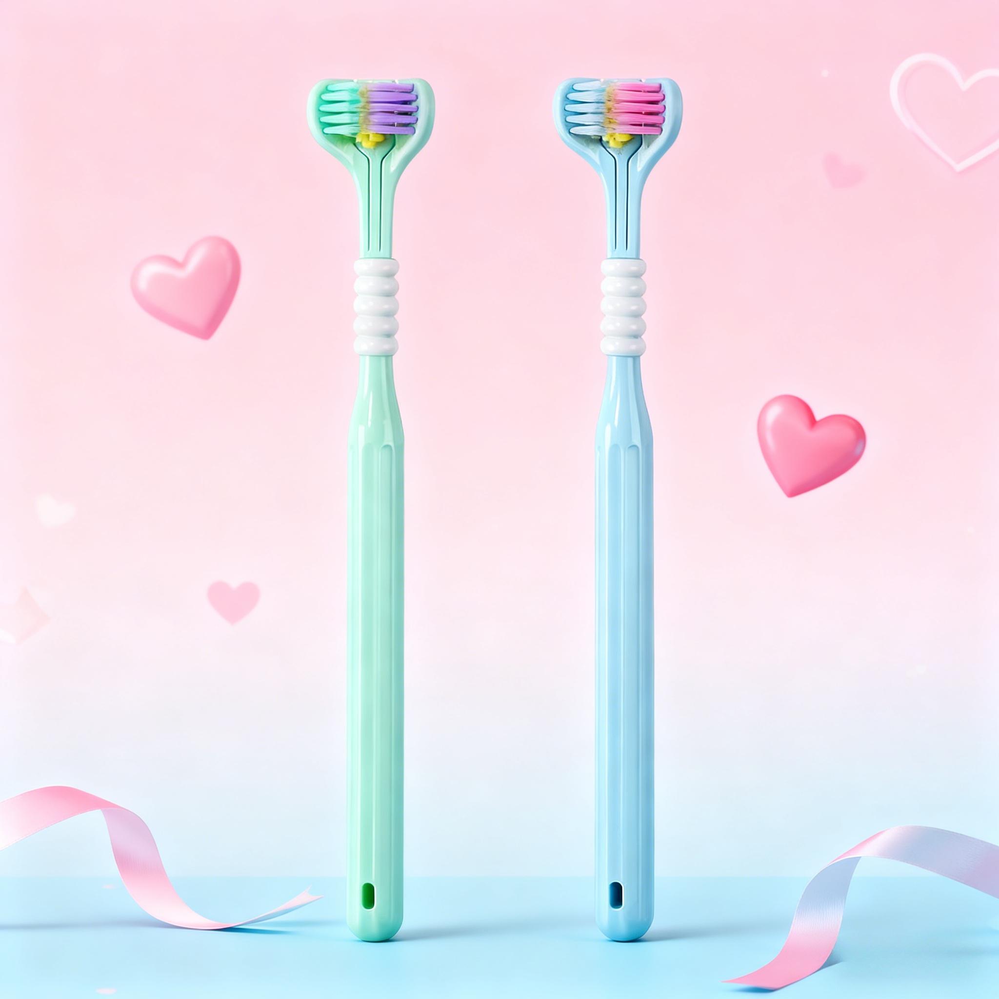 Couple's 3D Multi-Angle Toothbrush Set, Romantic Design, Deep Plaque Clean, Teeth Plaque Remover, Fresh Breath, Tongue Scraper, Gentle Bristles, Soft Toothbrush, Multiple Colors