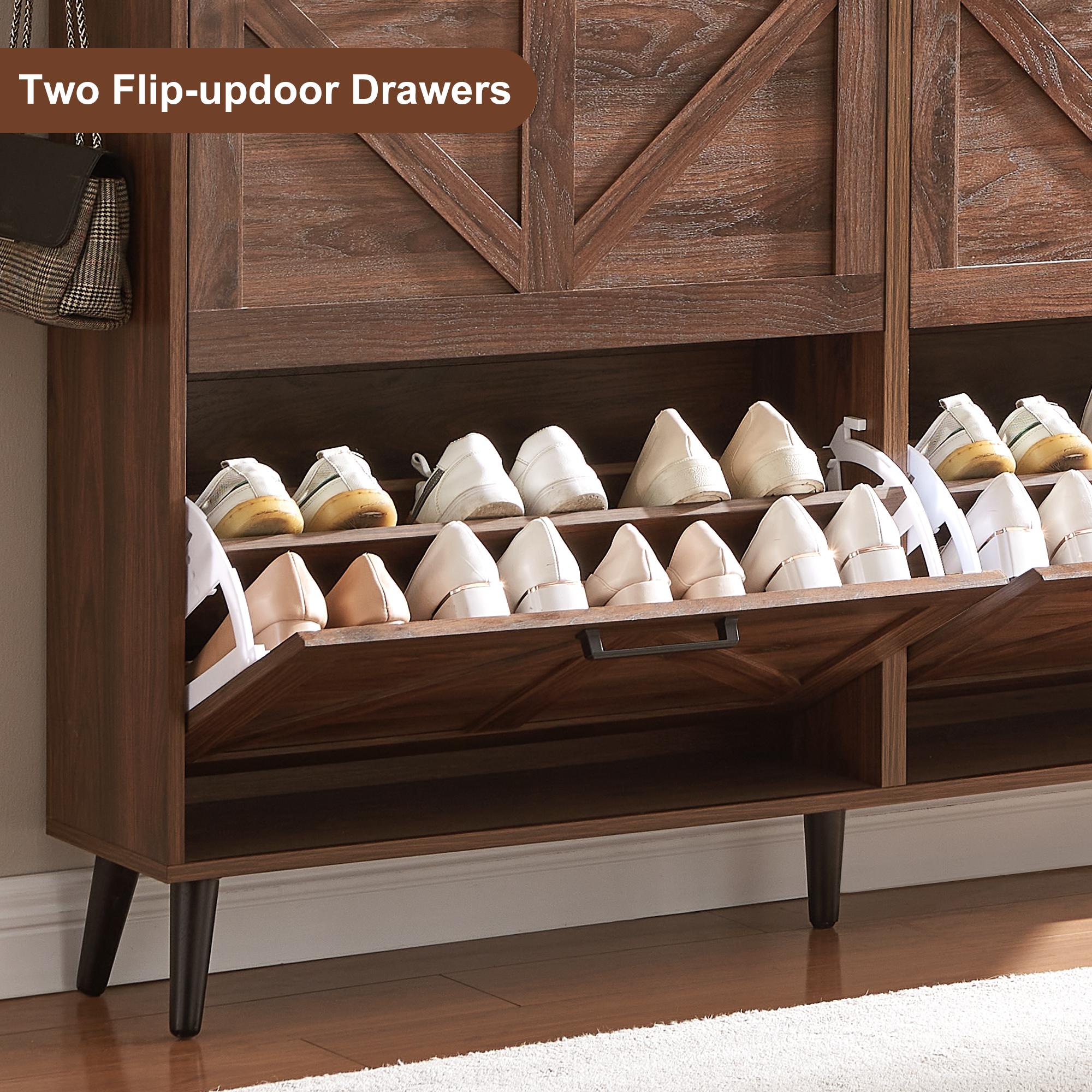 PieDle Furniture Shoe Storage Cabinet,Farmhouse Shoe Organizer with 2-4 Flip Drawers & Barn Door Design,Freestanding Hidden Slim Narrow Shoe Rack Cabinet with Open Storage for Entryway, Foyer,Hallway