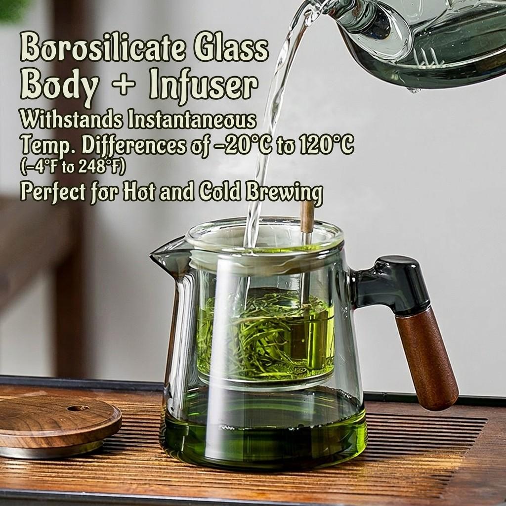Glass Teapot with Removable Infuser Strainer & Wooden Handle - Borosilicate Heat Resistant Loose Leaf Tea Brewer for Office & Home Glass Teapot Set