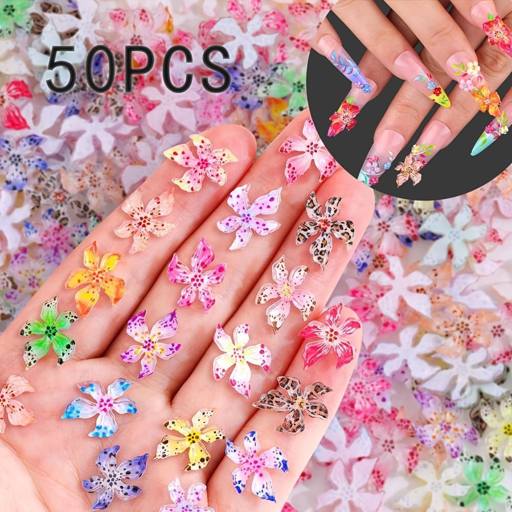 50 Resin Flower Nail Art Decorations, 1.2-1.4cm, Soft Elastic, Vibrant Colors, Leopard Print, Non-Fading 3D Nail Accessories, DIY, Salon, Home Use