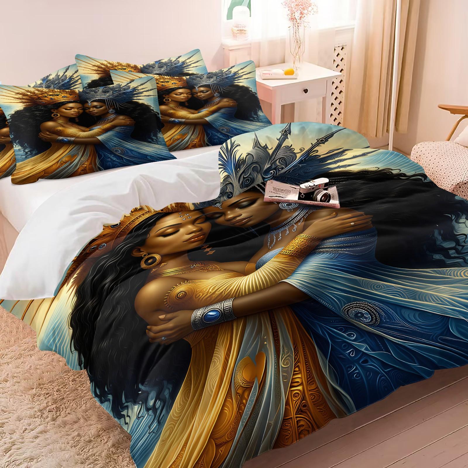 3PCS Gold Blue Black Goddess Hug Duvet Cover Set (1 Duvet Cover + 1-2 Coreless Pillowcases), African Queen Crown Art Print, Skin-Friendly Soft Comfy All Seasons Summer Vibes Artistic Print Bedding Set, Ideal for Bedroom Dorm Decor, Printed Bedding Set
