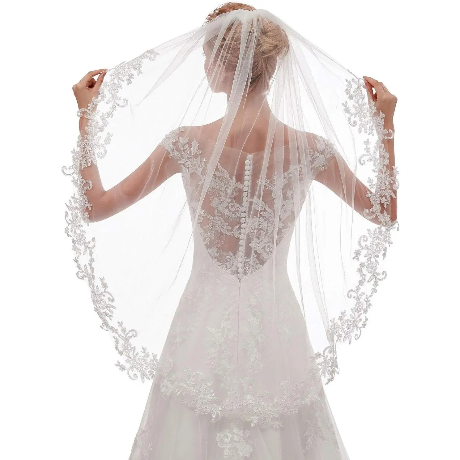 Women's Short Fingertip Length 1-Tier Lace Wedding Bridal Veil with Metal Comb L68Gift