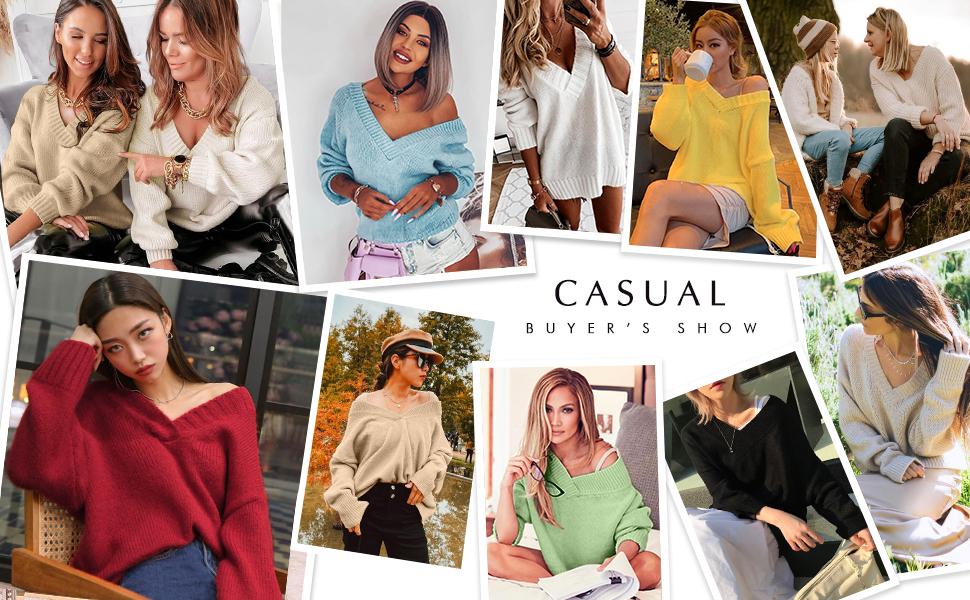 lmily Bela Womens Loose Sweaters Sexy V Neck Long Sleeve Solid Knitted Jumper Pullover Sweatshirt Tops