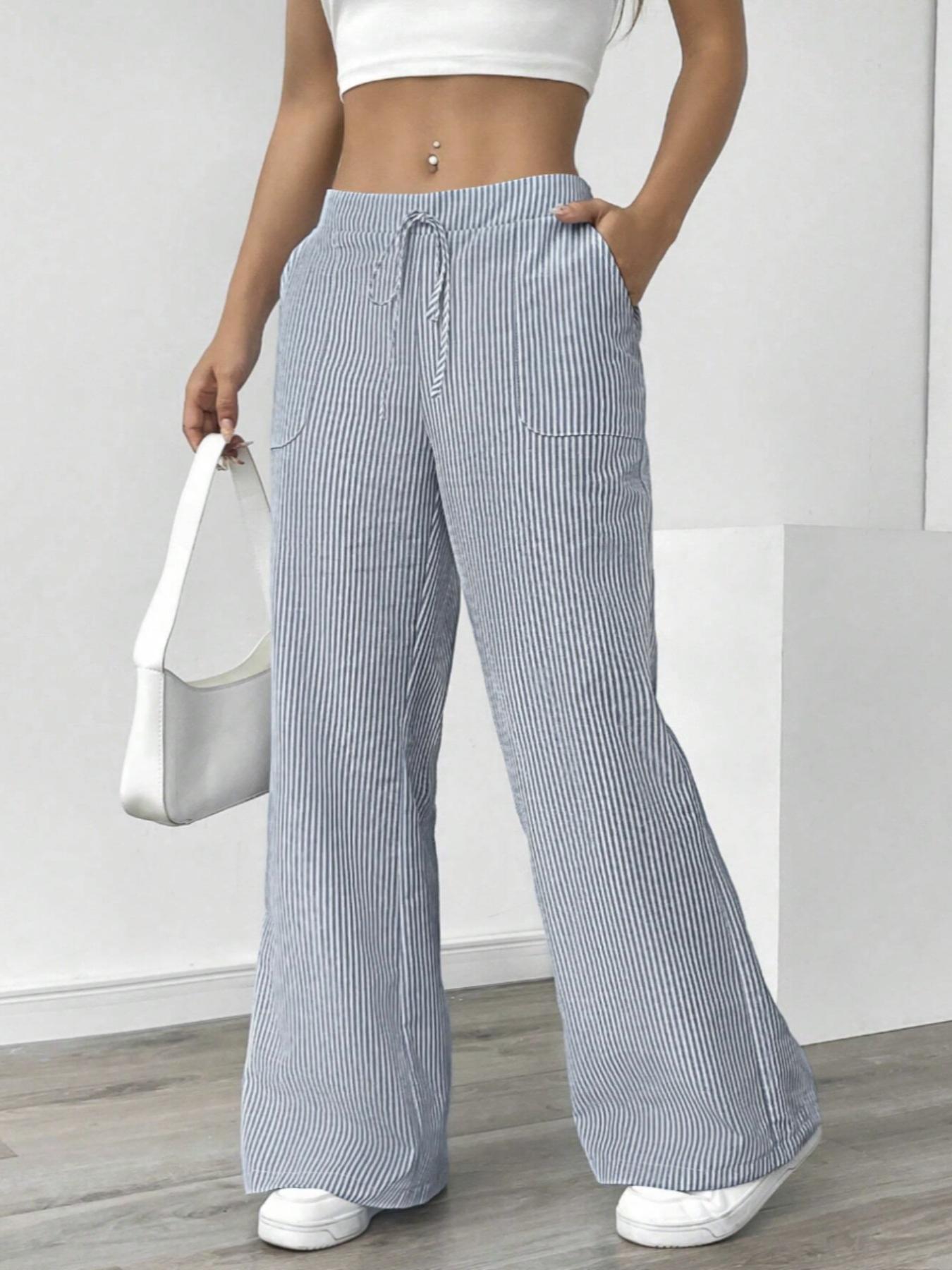 Women's Striped Wide Leg Pants, Casual Elastic Waist Home Wear, Fitted Long Regular Fit, Natural Waist, Stripe Pattern, Casual Fashion Pants