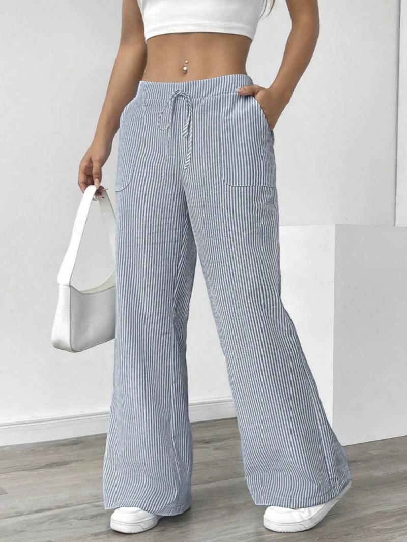 Women's Striped Wide Leg Pants, Casual Elastic Waist Home Wear, Fitted Long Regular Fit, Natural Waist, Stripe Pattern, Casual Fashion Pants