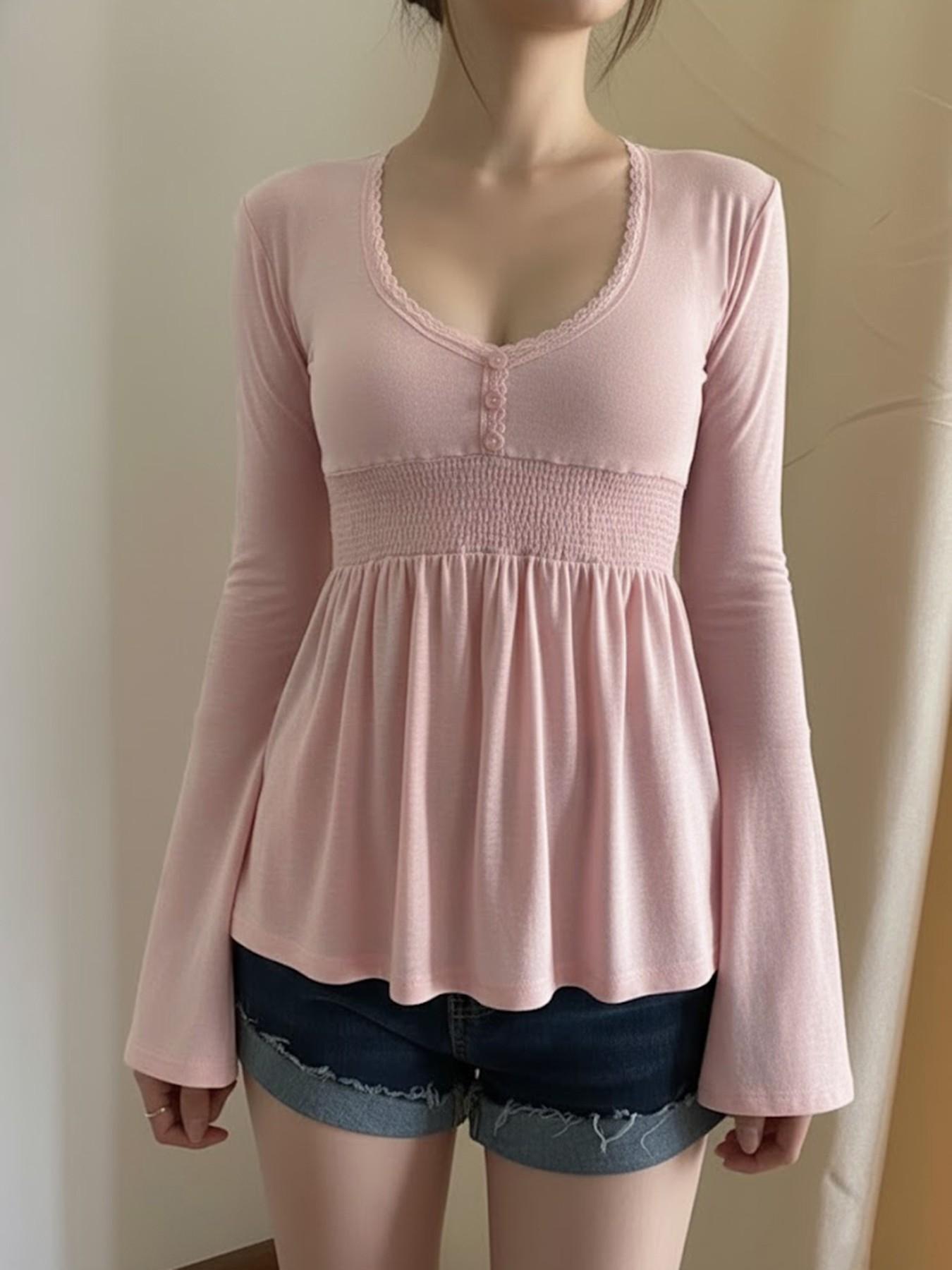 Lace Trim V Neck Flare Sleeve A-Line Top, Y2K Casual Solid Color Long Sleeve Basic T-Shirt, Women's Fashion Clothing