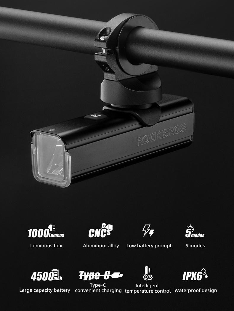 ROCKBROS Bike Light 1000 Lumens USB Rechargeable Bike Headlight Led IPX6 Waterproof Bike Front Light 5 Modes Aluminum Alloy Super Bright Bike Light for Night Riding