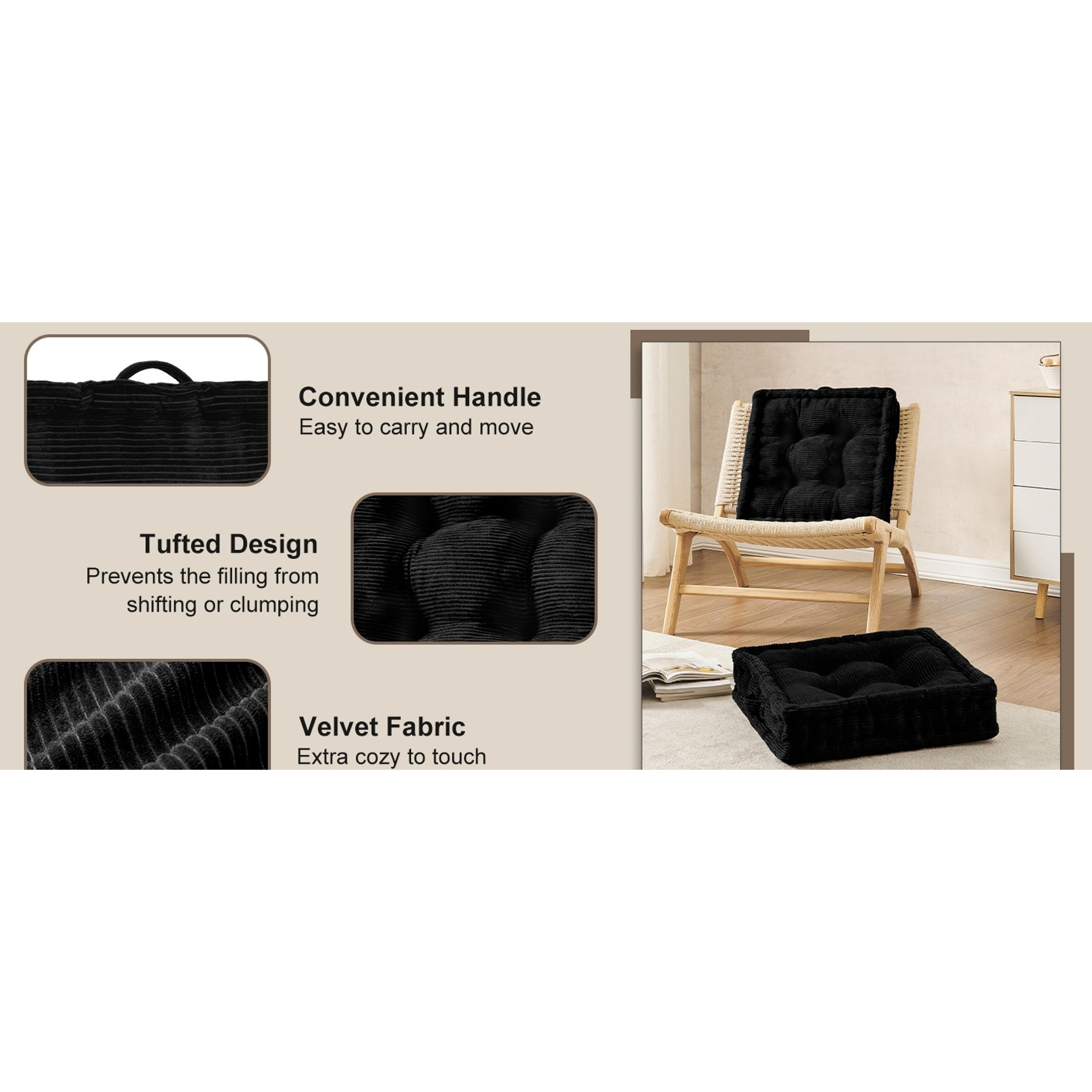 Square Floor Pillows for Adults Kids - Meditation Floor Pillow Seating Cushion - Tufted Floor Cushion with Shredded Foam & Velvet Cover, 2 Pack, 20x20 Inch, Black Square Floor Pillows for Adults Kids - Meditation Floor Pillow Seating Cushion - Tufted Floor Cushion with Shredded Foam & Velvet Cover, 2 Pack, 20x20 Inch, Black